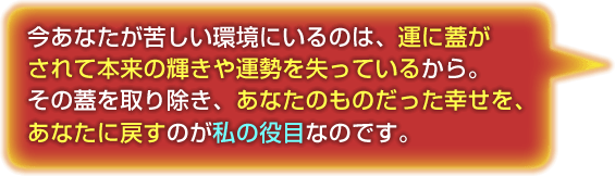 今あなたが苦しい環境にいるのは、運に蓋がされて本来の輝きや運勢を失っているから。その蓋を取り除き、あなたのものだった幸せを、あなたに戻すのが私の役目なのです。